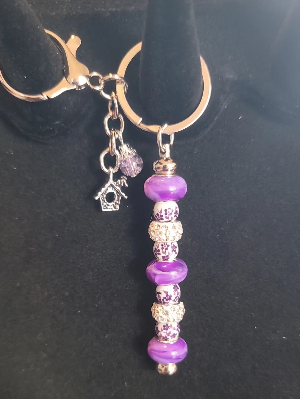 Purple Drop Bead Keychain- Birdhouse Charm